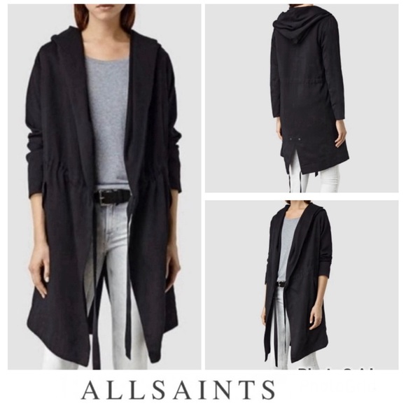 All Saints Jackets & Blazers - ALL SAINTS Pelya Black Draped Wrap Hoodie Long Sleeves Trench Coat Jacket Sz 4